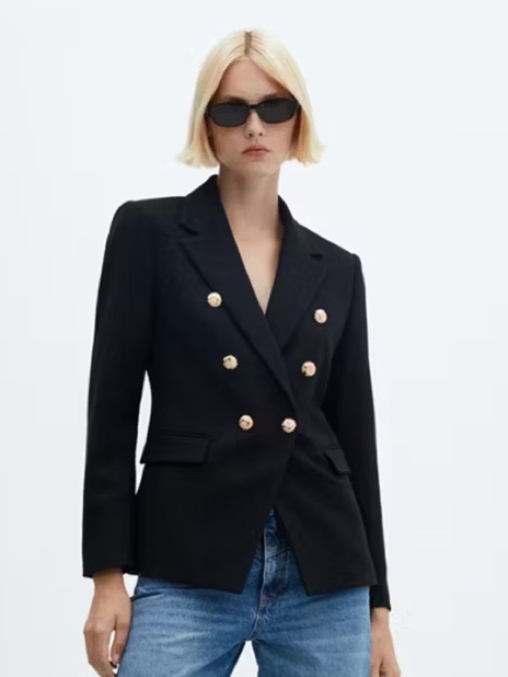 Mango Black Double-Breasted Tailored Blazer with Gold Buttons - Size L
